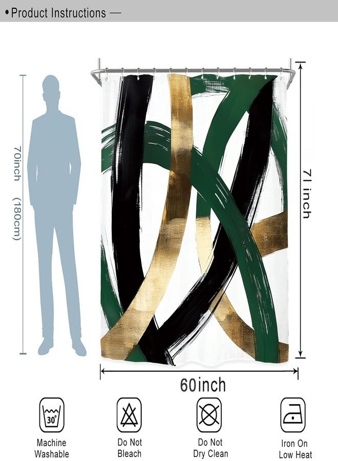 Miyotaa Abstract Emerald Green Gold Shower Curtain Set 60Wx71H Inches Minimalist Aesthetic Modern Contemporary Geometric Line Meutral Polyester Waterproof Bathroom Curtain with 12 Hooks - Image 3